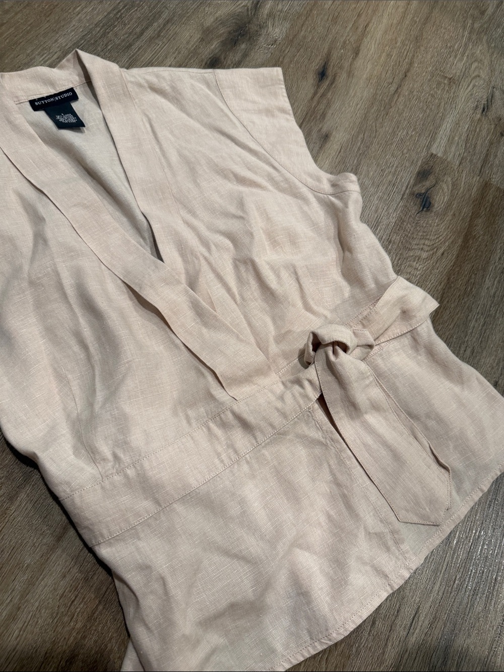NWOT Sutton Studio Cream Tan Linen-Blend natural fiber Wrap Top - Picture 5 of 8
